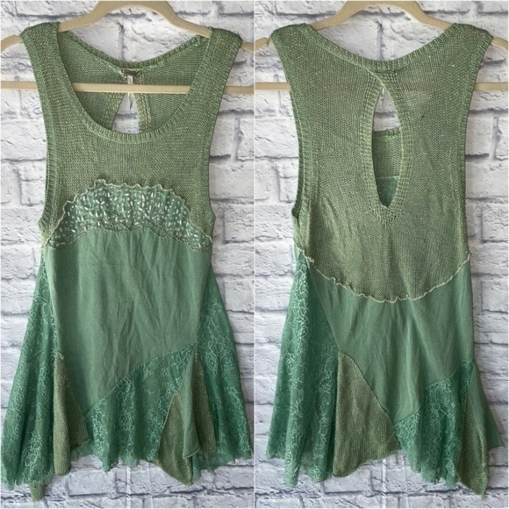 Free People Knit Beaded Lace Asymmetrical Patchwork Sleeveless Tunic Dress Top S